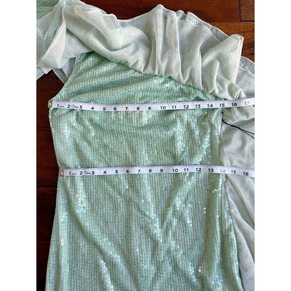 Mac Duggal NWT Sage Green Sequin One Shoulder Ruffle Cocktail Dress Size 4 - Picture 9 of 16